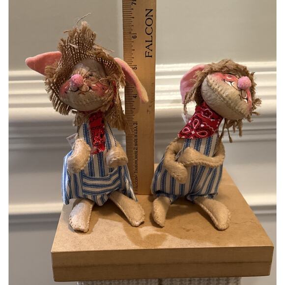 2 Vintage 1965 Annalee Country Bunny Rabbit Doll In Overalls Farmhouse Preowned - Picture 7 of 7